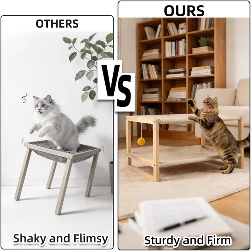 Vista 4 de Hamaca para gatos de 2 capas, litera de madera de pino para gatos con funda extraíble lavable, capacidad de 45 libras/nivel, cama elevada