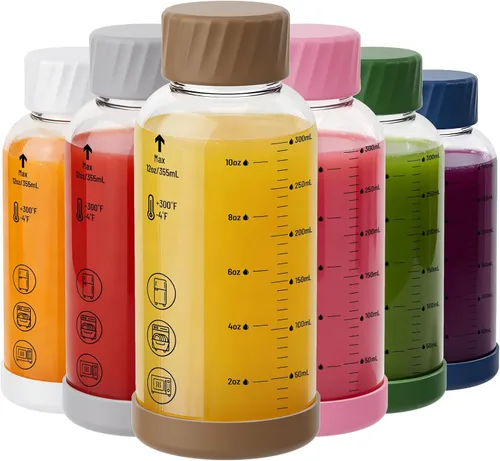 Vista 13 de Botellas de jugo de vidrio de 12 onzas – Pack de 4 botellas de agua de vidrio con tapas de acero inoxidable – A prueba de fugas, sin BPA, vidrio