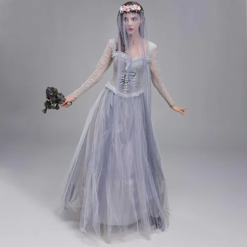 Vista 5 de Disfraz de cosplay de Halloween para mujer diseño de calavera gasa de malla vampiro fantasma vestidos de novia y disfraz de belleza encantador velo