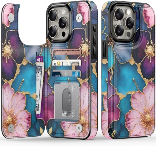 Vista 161 de FUNMIKO Funda tipo cartera para iPhone 15 con tarjetero + clip para efectivo, bloqueo RFID, protección contra caídas de grado militar y obras
