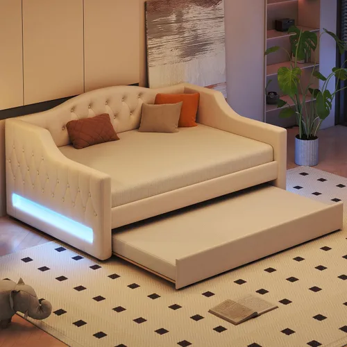 Vista 20 de Cama Diván Moderna Tamaño Twin XL con Cinturón LED y Cama Nido, Marco de Cama Plataforma de Madera con Cabecera Tapizada con Almacenamiento, Sofá
