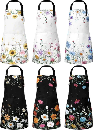 Vista 12 de Bencailor 6 delantales de cocina de verano con bolsillos, diseño de flores, gallo, abeja, mariposa, girasol, delantales de verano a granel