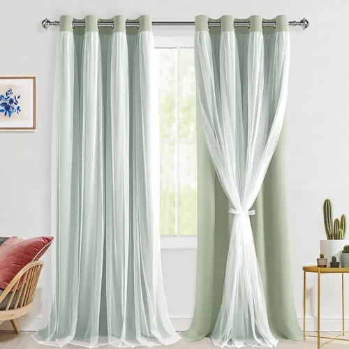 Vista 97 de Hiasan Cortinas opacas con superposición transparente, aislamiento térmico para mezclar y combinar de doble capa, cortinas de oscurecimiento de Beige