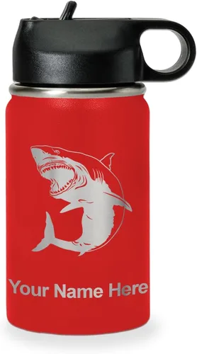 Vista 12 de LaserGram Botella de agua personalizada, gran tiburón blanco, acero inoxidable de doble pared aislada al vacío con popote superior, regalo grabado