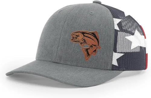 Vista 56 de Sombrero de pesca de salmón con parche de cuero grabado láser Richardson 112 Snapback Trucker Cap