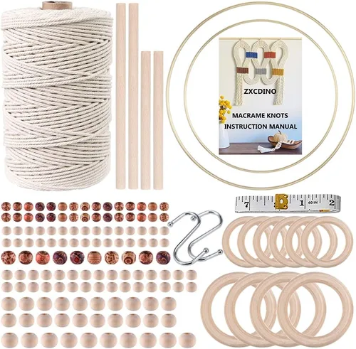 Vista 9 de Kits de macramé de 119 piezas para principiantes de 0.118 in x 109 yardas, cuerda de macramé de algodón natural con 100 cuentas de madera, 10