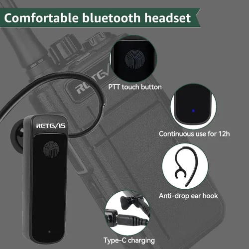 Vista 4 de Retevis Walkie Talkies RB37 Bluetooth, radio bidireccional Bluetooth, nueva versión, batería de larga duración de 2000 mAh y 120 h, auricular