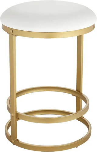 Vista 3 de 55 Downing Street Palmer Taburete de bar de metal dorado de 26 pulgadas de alto, cojín tapizado de tela blanca moderna con reposapiés para cocina