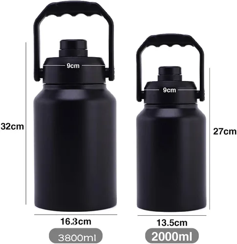 Vista 2 de Botella de agua aislada al vacío de boca ancha de 64 onzas, 128 onzas, con asa, cubo de hielo de acero inoxidable, taza de viaje, gran cantimplora