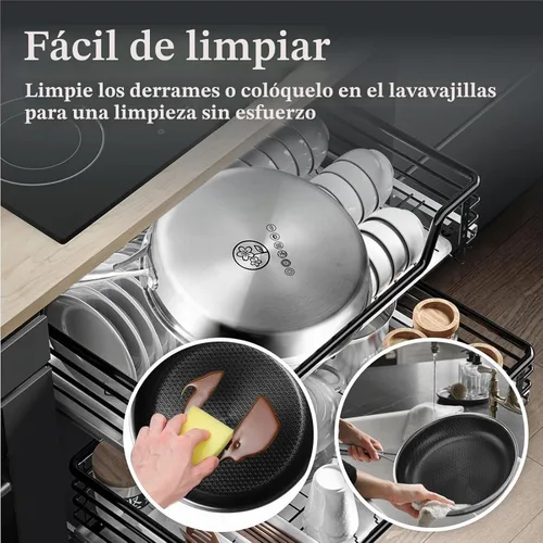 Vista 4 de Woks & Sartenes antiadherentes híbridos de acero inoxidable de tres capas Wok10 pulgadas con tapa, interior texturizado Wave Etch, apto