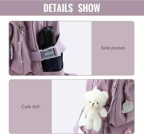 Vista 5 de Freie Liebe Linda mochila Kawaii mochila con pin y accesorios, Púrpura, Classic