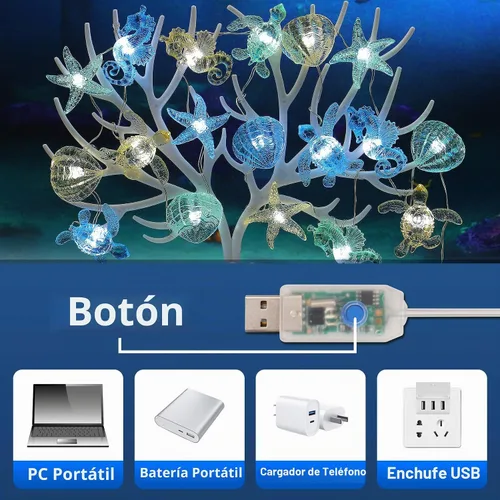 Vista 3 de Guirnalda de luces con temática oceánica, decoración náutica para interiores, funciona con USB o baterías, 10 pies, 30 luces LED de caballito