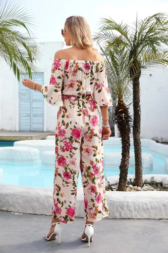 Vista 5 de Love Welove Fashion - Overol para mujer, diseño floral, hombros descubiertos, con volantes, manga corta, cintura alta, pantalones de pierna ancha