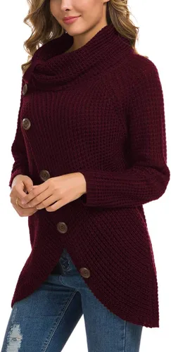 Vista 3 de GRECERELLE - Suéter de color sólido, sin botones funcionales, grueso, con botones decorativos para mujer, suéter de punto con cuello alto