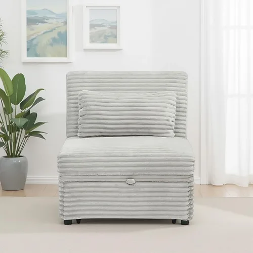 Vista 2 de Powell McCory - Sofá cama extensible tapizado de pana gris claro con almohada