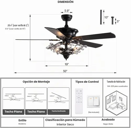 Vista 7 de Ventilador de techo moderno de cristal negro de 50 pulgadas