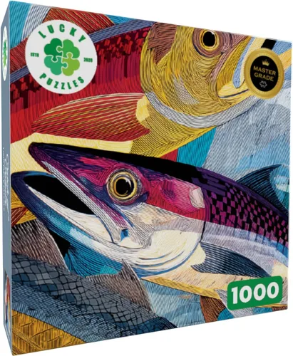 Vista 2 de Lucky Puzzles - Rompecabezas de 1000 piezas para adultos Rompecabezas de arte de sardina de Linocut audaz Teaser único con temática de peces