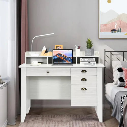 Vista 5 de Escritorio Tangkula en Blanco con 4 Cajones de Almacenamiento y Aparador, Escritorio Vintage para Computadora de Oficina en Casa, Mesa de Estudio