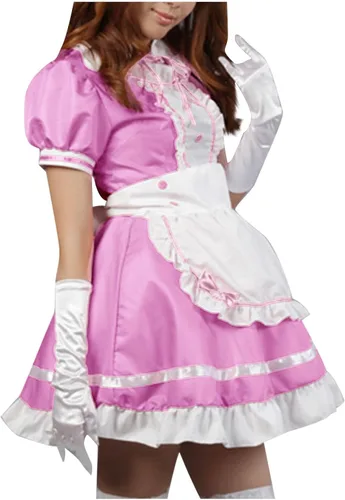 Vista 3 de Anime japonés clásico Sissy Maid Sweet Kawaii Lolita disfraz de disfraz de cosplay delantal de encaje guantes conjunto rosa
