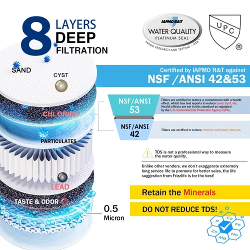 Vista 2 de Frizzlife Sistema de filtro de agua para debajo del fregadero, certificado NSF/ANSI 53 y 42 y 372, filtración de agua de 8 capas de 0.5 micrones que