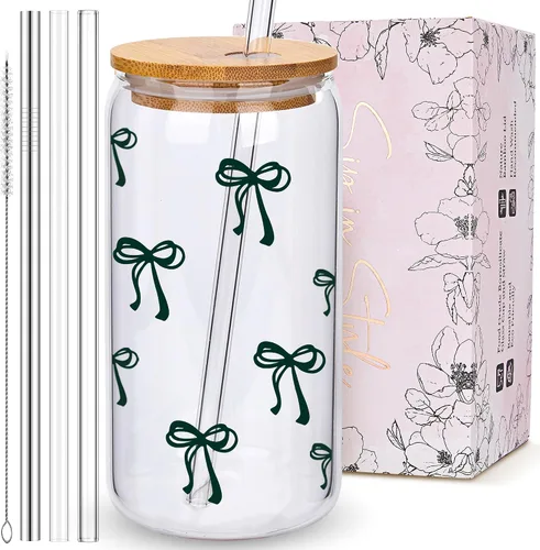 Vista 7 de BIPEDS Coquette Tazas de vidrio lindas con moño rosa y tapas y pajitas, taza de café helado estética, taza de diseño preppy femenino, regalos