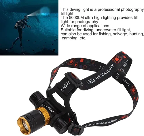 Vista 6 de Linterna frontal LED recargable, 5000 lúmenes, luz LED brillante para buceo, con 5 modos de luz, IPX8 de rotación de 180°, linterna submarina