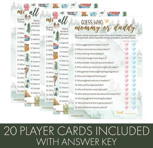 Vista 4 de DISTINCTIVS Little Adventurer - Juego de Baby Shower - ¿Qué hay en tu teléfono y palabras Scramble? 20 tarjetas de doble cara - Juegos de baby