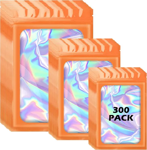 Vista 8 de 300 bolsas holográficas de mylar, 3 tamaños, bolsas a prueba de olores con ventana transparente, bolsas de papel de aluminio resellables