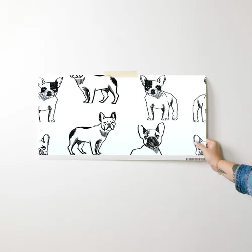 Vista 7 de Despegar y pegar papel tapiz muestra – Bulldog francés negro blanco perros Frenchie monocromo lindo cachorro papel pintado personalizado extraíble