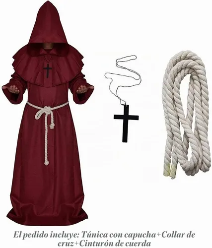 Vista 3 de LHJ - Disfraz de monje renacentista con capucha, fraile, disfraz medieval para hacer cosplay Rojo