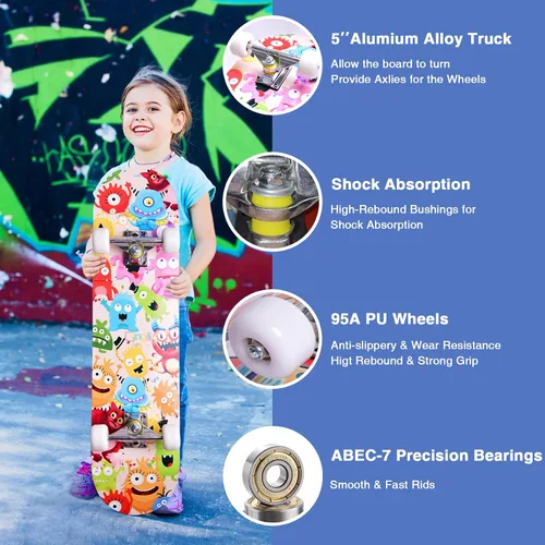 Vista 5 de Patinetas para principiantes, niños, niñas y adultos, 31 x 8 pulgadas, 7 capas de arce, cóncavo de doble patada, fascinante fresco, sólido y duradero