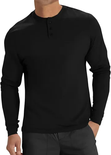 Vista 2 de Uni Clau Camisas Henley de manga larga para hombre, ajuste delgado, ligeras, 3 botones
