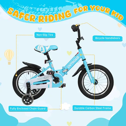 Vista 2 de Betterland Bicicleta plegable para niños, bicicleta para niños de 14/16/18 pulgadas con ruedas de entrenamiento y frenos de mano duales, bicicleta