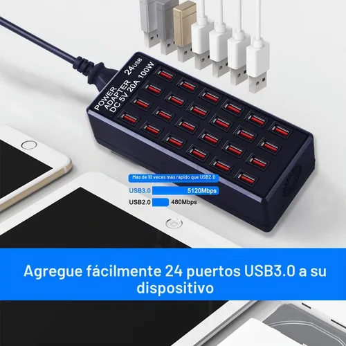 Vista 6 de Estación de carga USB de 24 puertos de 100 vatios (20 A), cargador rápido de escritorio para el hogar, múltiples cargadores, adecuado para hoteles