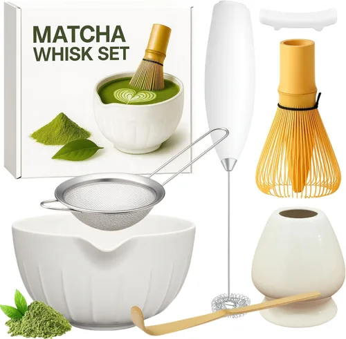 Vista 8 de Juego de batidor Matcha con cuenco Matcha - Juego de Matcha incluye espumador eléctrico, batidor de bambú, cuchara Matcha, soporte de bambú, blanco