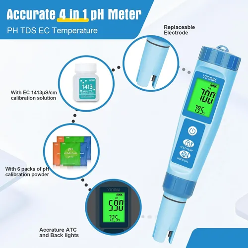 Vista 2 de Yinmik Medidor de pH de Agua, Medidor Digital 4 en 1 de pH, Temp, EC, TDS para Hidroponía, Probador de Conductividad PH PPM con Líquido de Azul