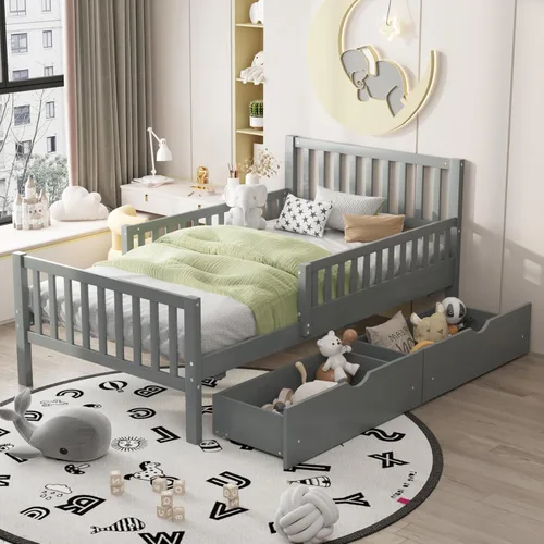 Vista 29 de VilroCaz Cama de plataforma de tamaño individual con barandilla y cabecera multifuncional, base de cama de plataforma de madera con 2 cajones