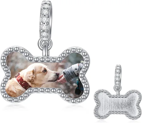 Vista 16 de LONAGO Abalorio personalizado con foto de plata de ley 925 con diseño de hueso de perro para pulsera