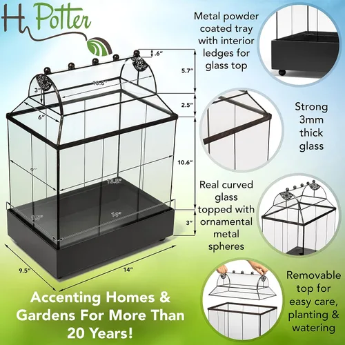 Vista 3 de H Potter Estuche grande de terrario Wardian de vidrio con vidrio curvo, maceta de mesa para interior con base de metal, exhibición decorativa