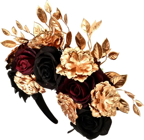 Vista 2 de Diadema de flores de La Catrina, disfraz de Halloween, corona de halo Negro Uva