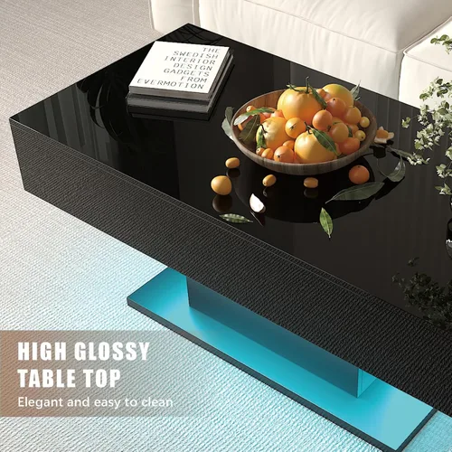 Vista 6 de HedoAjim - Mesa de café negra con LED y 2 cajones de almacenamiento para sala de estar, mesa rectangular de centro para sala de estar, mesas de café
