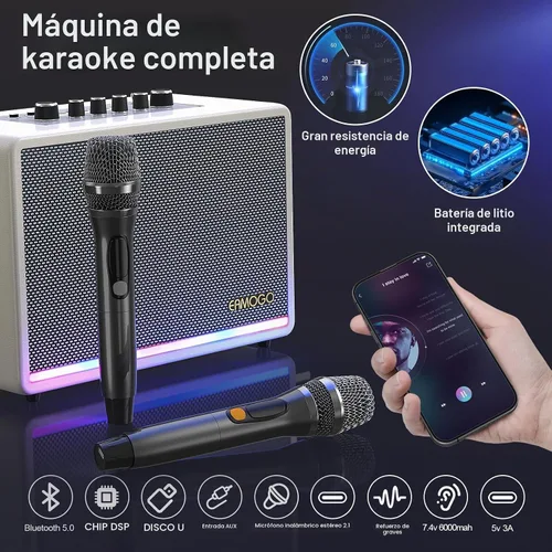 Vista 3 de Altavoz Bluetooth portátil con 2 micrófonos inalámbricos Armario de madera de abedul de graves profundos de 70 W Sistema PA Bluetooth
