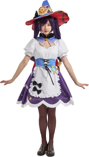 Vista 5 de Cosplay.fm Disfraz de cosplay para mujer, vestido de sirvienta con sombrero para Mona Cosplay