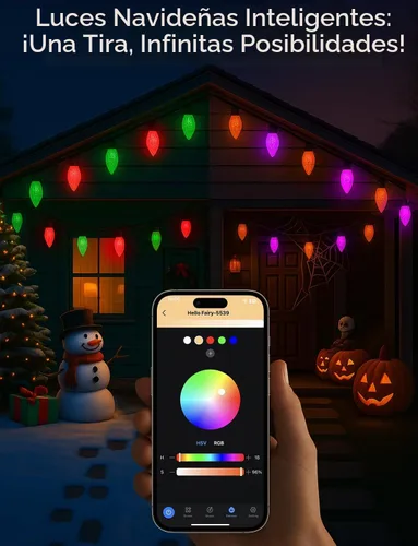 Vista 2 de Popotan C-9 Luces LED de Navidad para Exteriores, 33 Pies 50 LEDs Luces de Cadena RGB Inteligentes con Control Remoto de Aplicación, 108 Modos