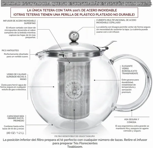 Vista 3 de Teabloom Tetera y tetera de vidrio todo en uno – Tetera de vidrio de borosilicato resistente al calor con infusor de té suelto de acero inoxidable
