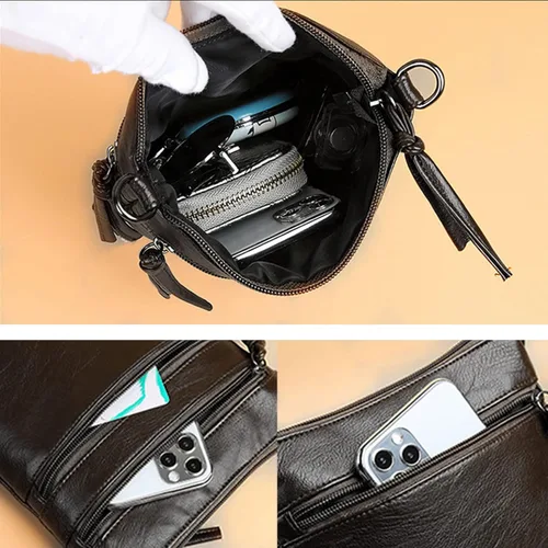 Vista 6 de Ke1Clo Bolso cruzado de cuero para mujer, con triple cremallera, bolsillo de hombro, bolso pequeño de moda para uso diariooficina