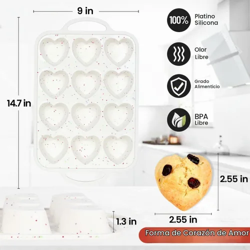 Vista 4 de CAKETIME Molde para magdalenas con forma de corazón con marco metálico, moldes de silicona antiadherentes en forma de corazón para hornear muffins