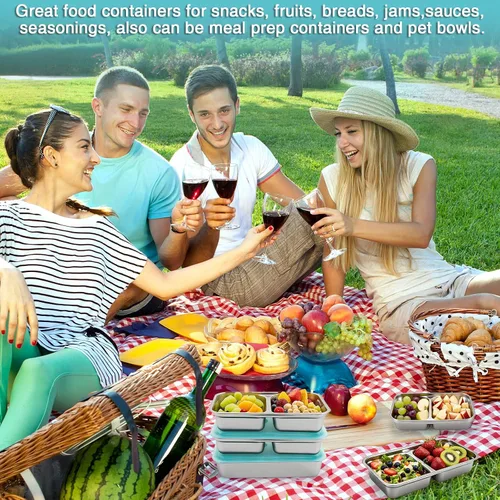 Vista 7 de Recipientes reutilizables de acero inoxidable con tapas, contenedores de doble compartimento para aperitivos, recipientes pequeños para condimentos