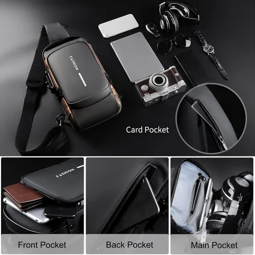 Vista 6 de FANDARE - Bolso de hombro para negocios, bolsa de pecho antirrobo con USB