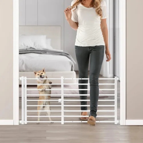 Vista 7 de Malier Puerta de interior para perros con puerta, puerta extra ancha de metal para mascotas, puerta corta para perros para escaleras, montaje a